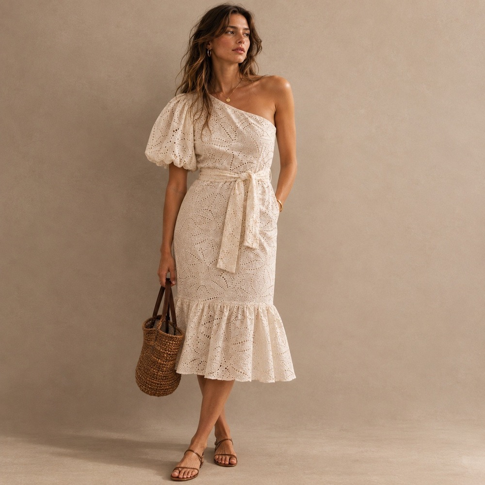 Eyelet One Shoulder Puff Sleeve Midi Dress Cream Sz S